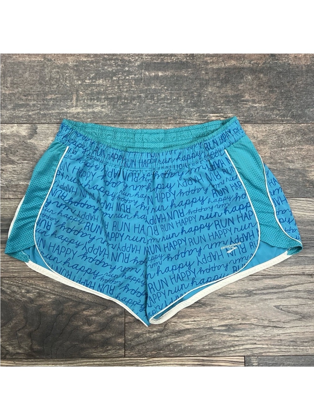 Brooks Women’s Size Large “Run Happy” Blue-Green 3” Inseam Lined Running Shorts